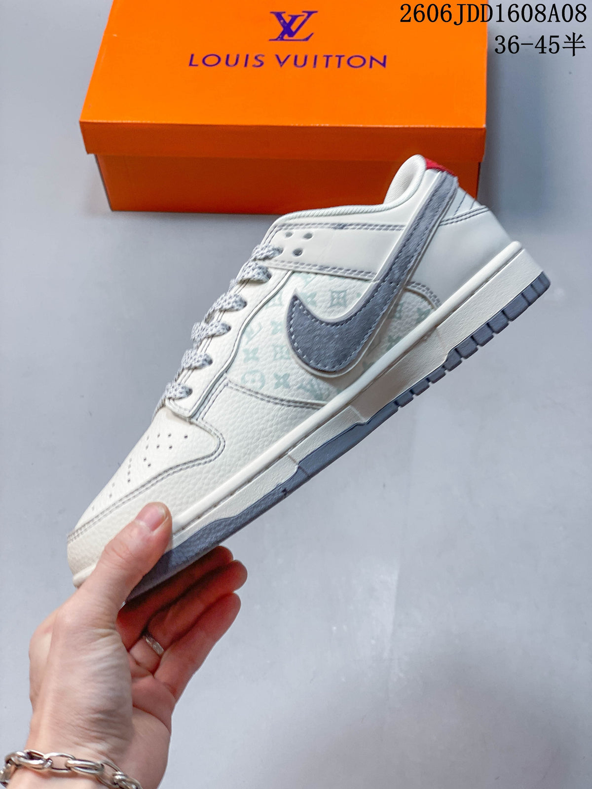 Nike SB Dunk Low LV Print Sneakers in Cream and Gray