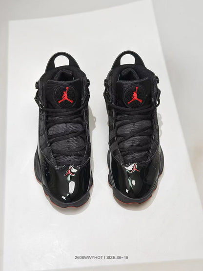 Pair of black and red Jordan 6 Rings-style high-top sneakers viewed from above, with size range text shown at the bottom.