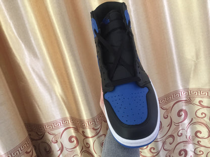 Front view of one sneaker showing the blue perforated toe box, black edging and black laces.