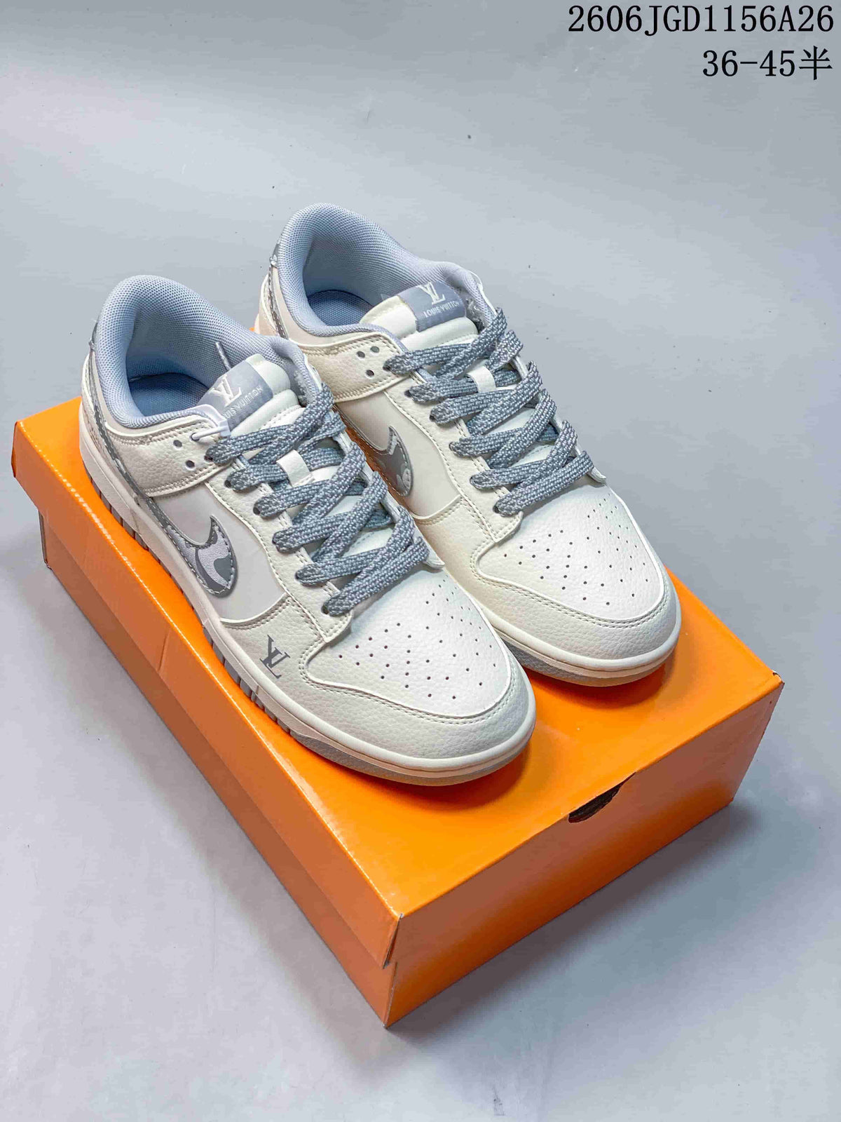 Nike Dunk Low White and Blue Monogram Sneakers