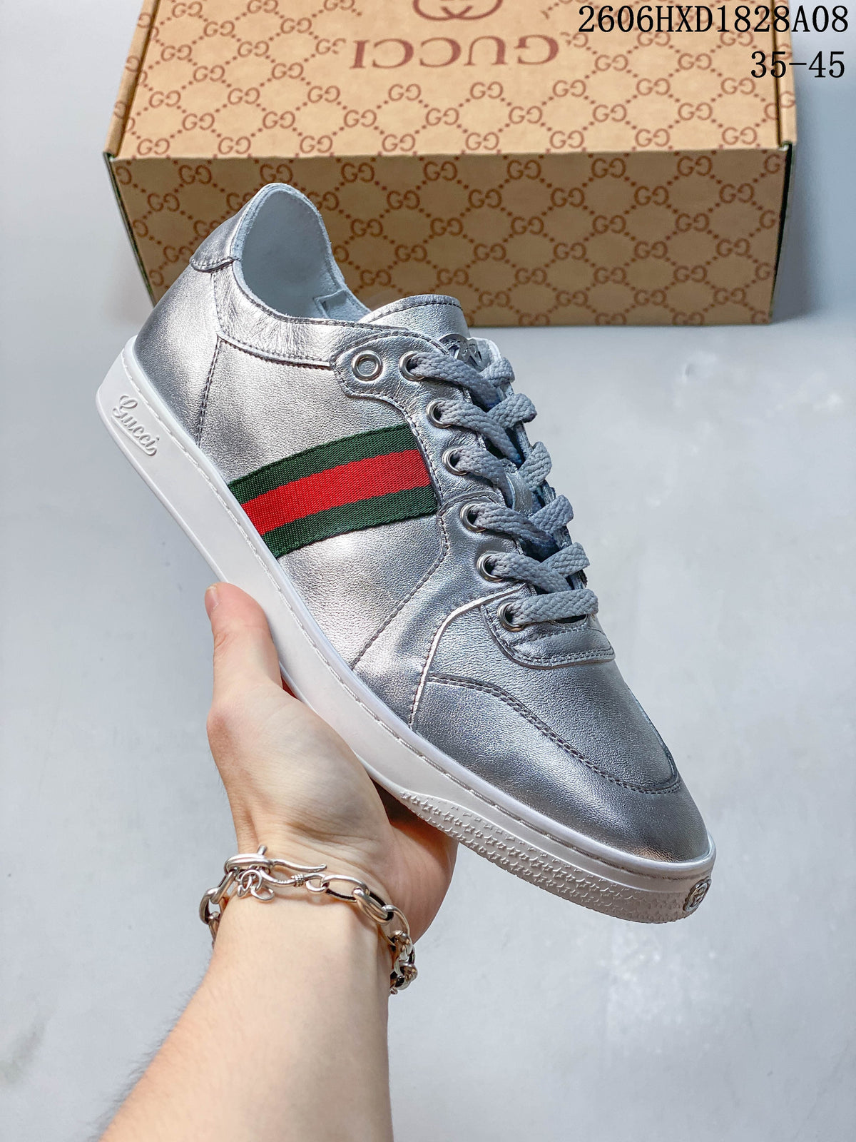 Gucci Silver Low-Top Sneakers with Green-Red Web Stripe