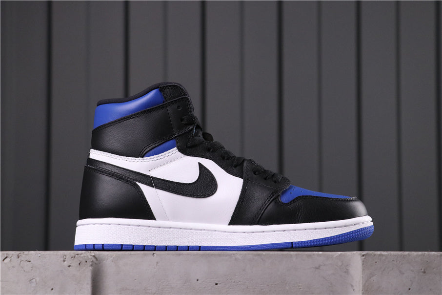 Side profile of a black, white and blue high-top sneaker.
