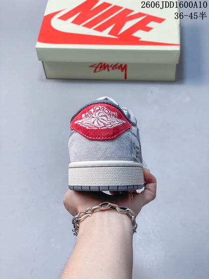 Jordan 1 Low Travis Scott x Stüssy-Style Sneakers Grey Red