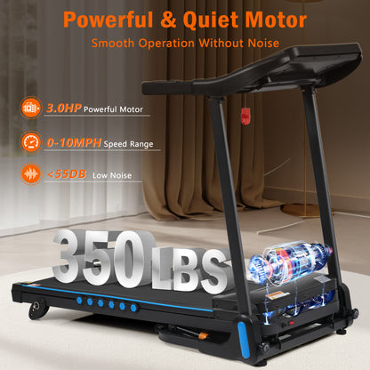 3.0HP Incline Treadmill, 350 lbs, Auto-Folding, Bluetooth Speaker, Type-C, 10MPH