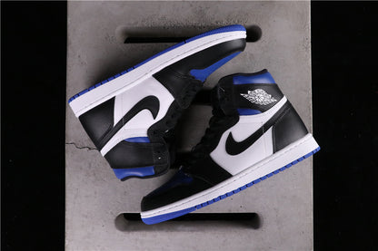 Overhead view of a pair of black, white and blue high-top sneakers.