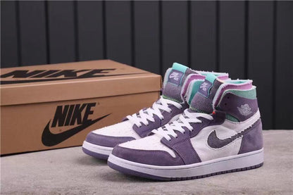 Pair of high-top sneakers shown from a front three-quarter angle in lavender, white, teal and pink.