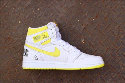 Outer side profile showing the yellow Swoosh, yellow collar, and barcode graphic.