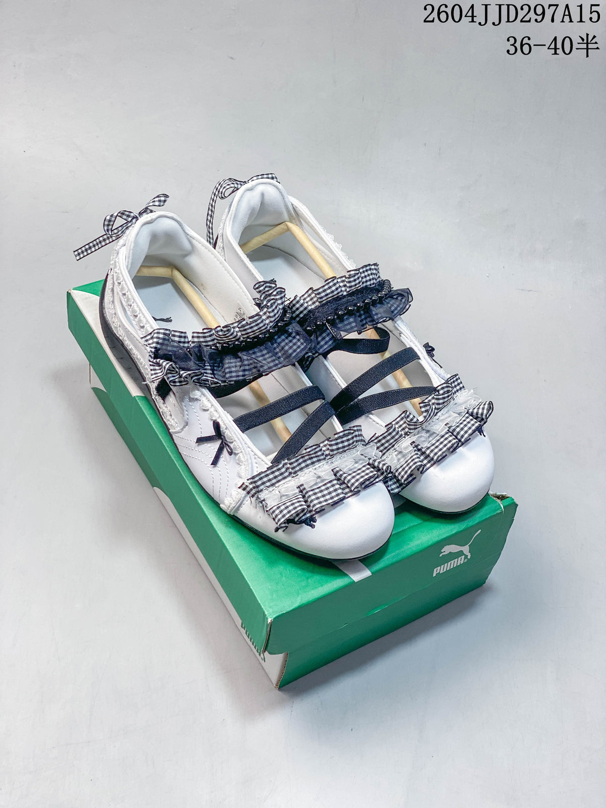 Puma White Gingham Ruffle Strap Flats