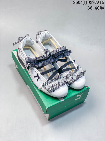 Puma White Gingham Ruffle Strap Flats