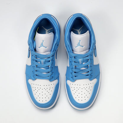 Top view of the blue and white low-top sneaker pair with perforated toe boxes and blue laces.