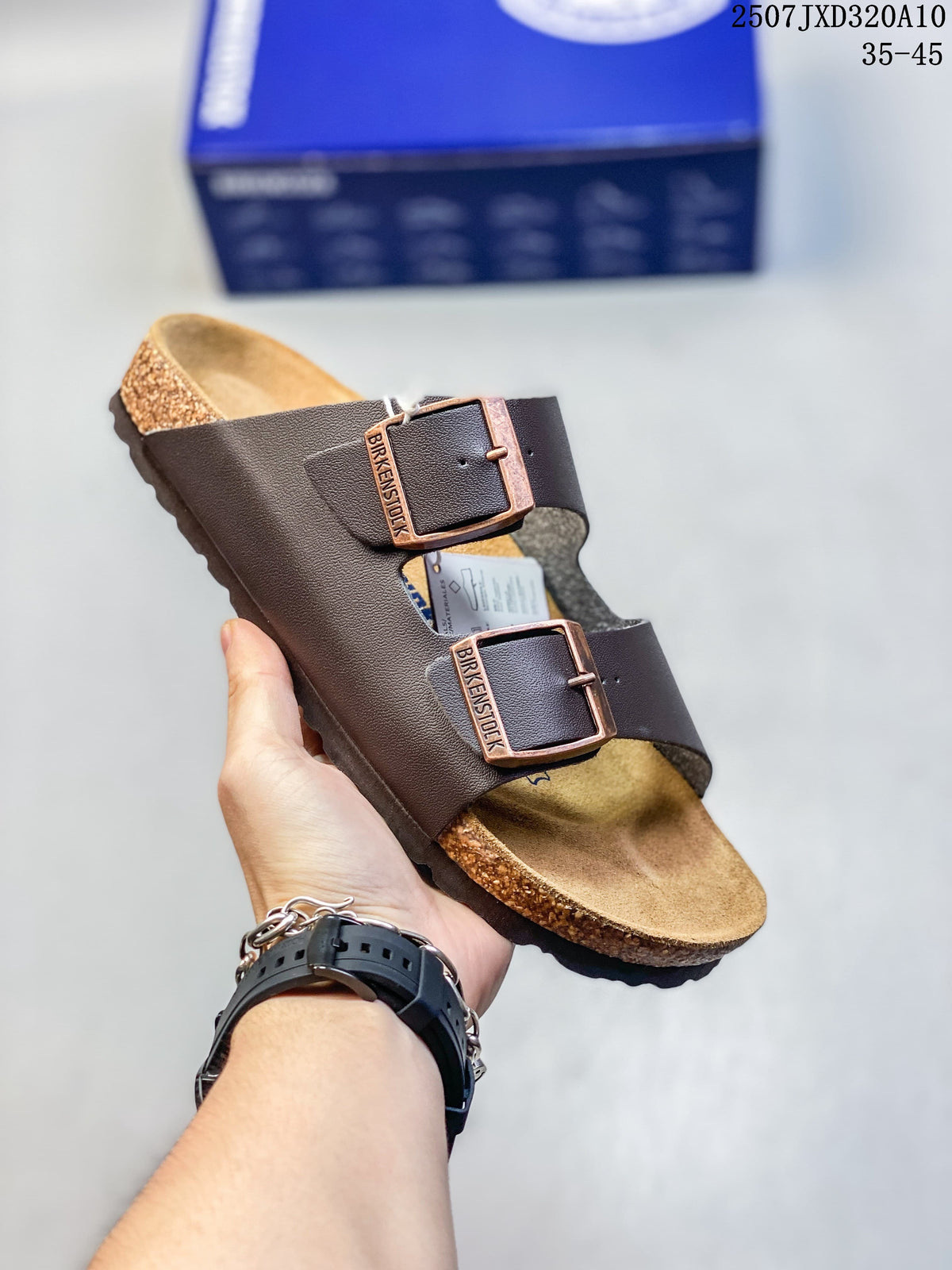 Birkenstock Two-Strap Slide Sandals in Dark Brown