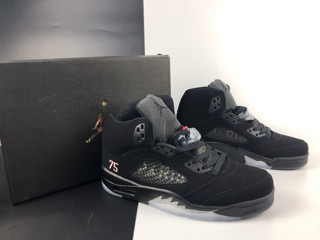 Pair of black high-top sneakers shown from a front three-quarter angle.