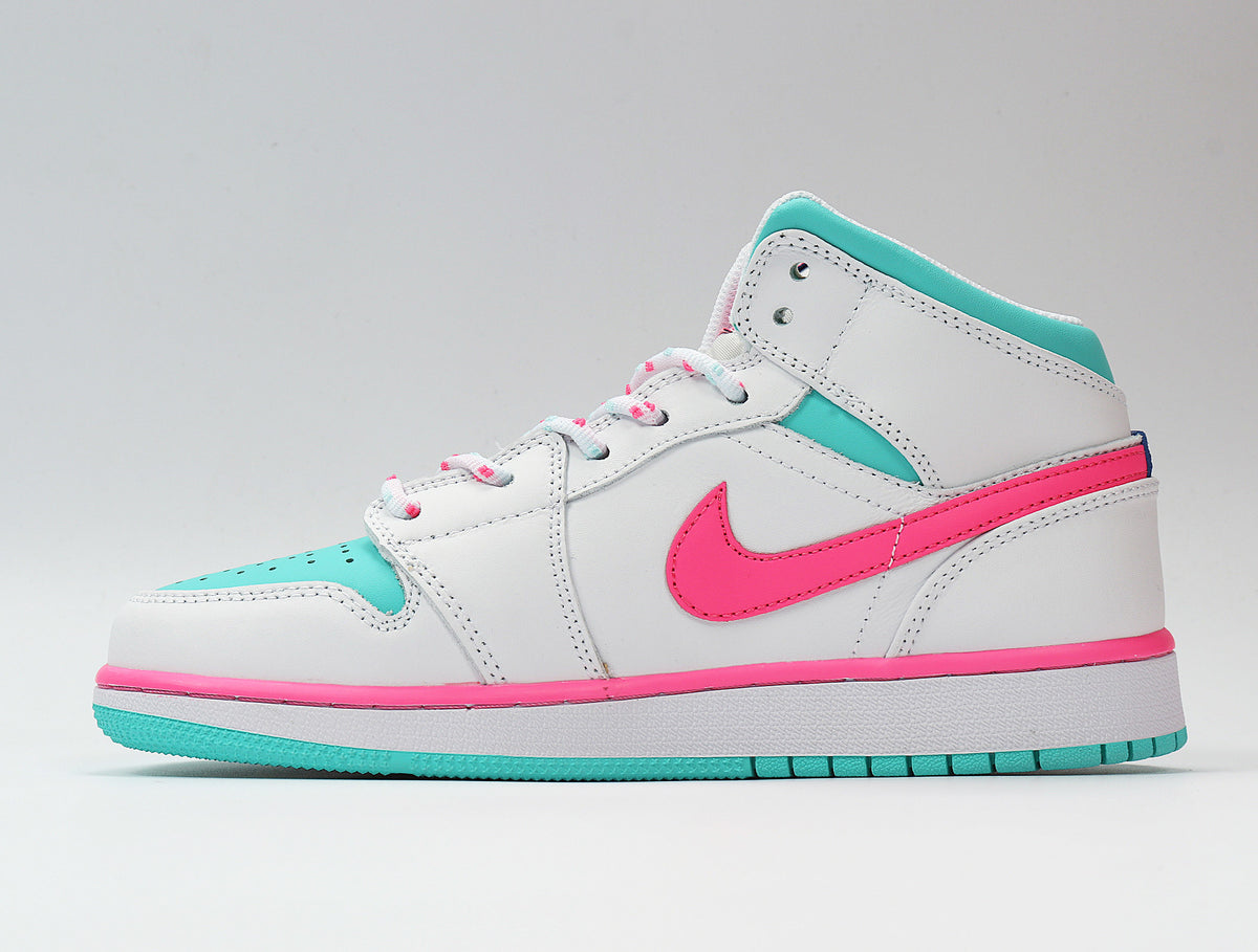 Side profile showing the white high-top upper, pink Swoosh, aqua collar, and aqua outsole.