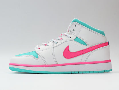 Side profile showing the white high-top upper, pink Swoosh, aqua collar, and aqua outsole.