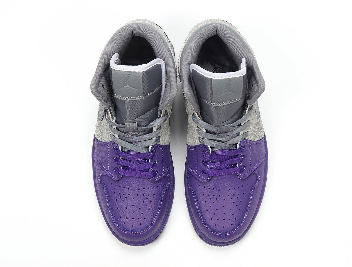 Top view of the pair showing purple perforated toe boxes, grey collars and matching laces.