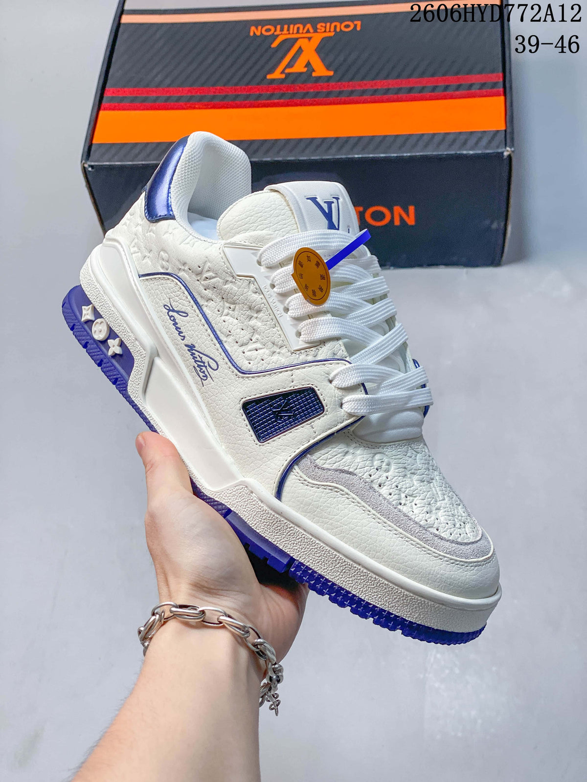 Louis Vuitton White and Blue Low-Top Sneakers