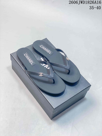 Chanel Dark Navy Thong Sandals with Logo Detail