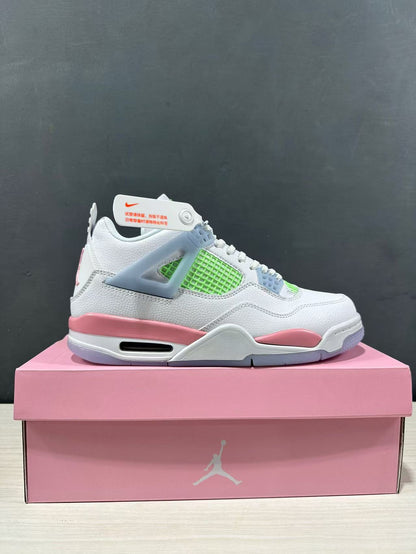 Side view of a white Air Jordan 4 Retro sneaker with pink midsole accents, lime green mesh, light blue supports, and a pink Jordan shoebox.