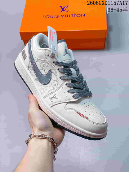 Jordan 1 Low Cream Grey Monogram Print Sneakers