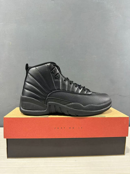 Single black Jordan high-top sneaker shown in side profile on its shoebox.
