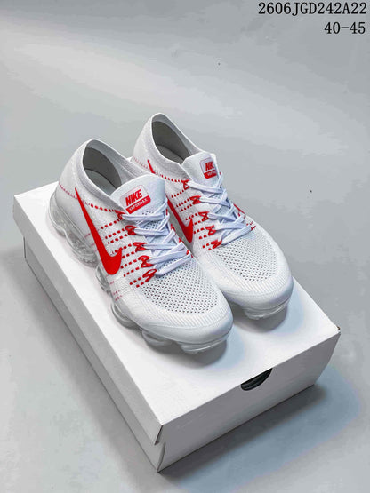 Nike VaporMax Flyknit Running Sneakers, White and Red