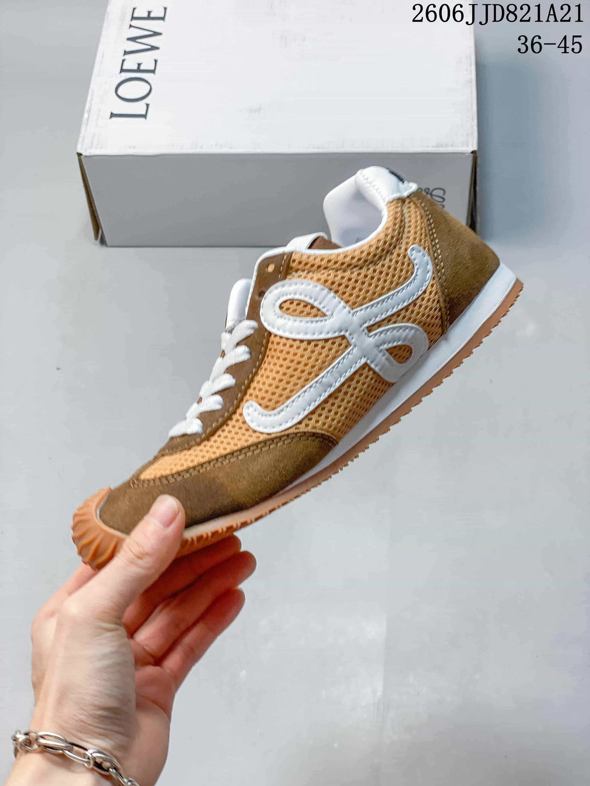 Loewe-Style Mesh Retro Sneakers in Brown and White