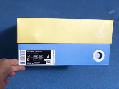 Shoe box label identifying the Air Jordan 4 Retro SP; the photographed sample is marked US 8.5, UK 7.5, EU 42, and CM 26.5.