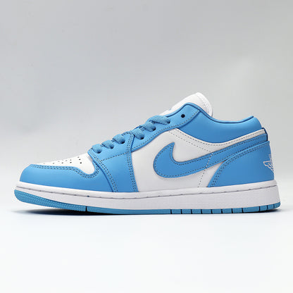 Side profile of the blue and white low-top sneaker with contrast Swoosh branding.