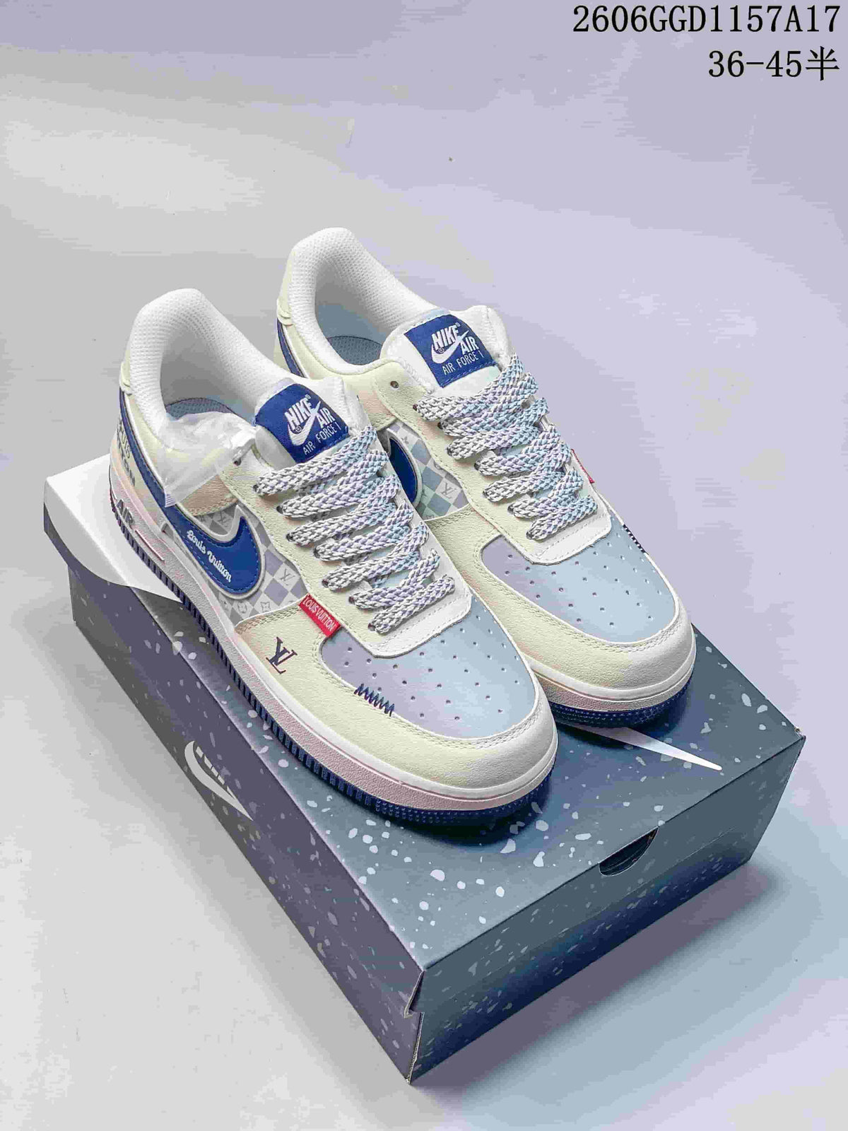 Nike Air Force 1 Low Cream and Blue Monogram Sneakers