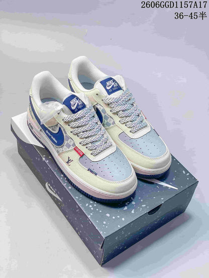 Nike Air Force 1 Low Cream and Blue Monogram Sneakers