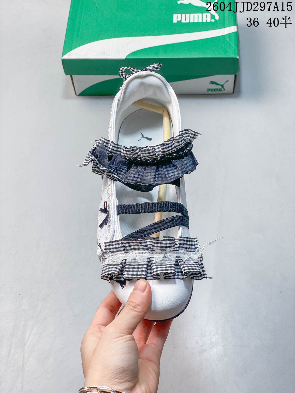 Puma White Gingham Ruffle Strap Flats