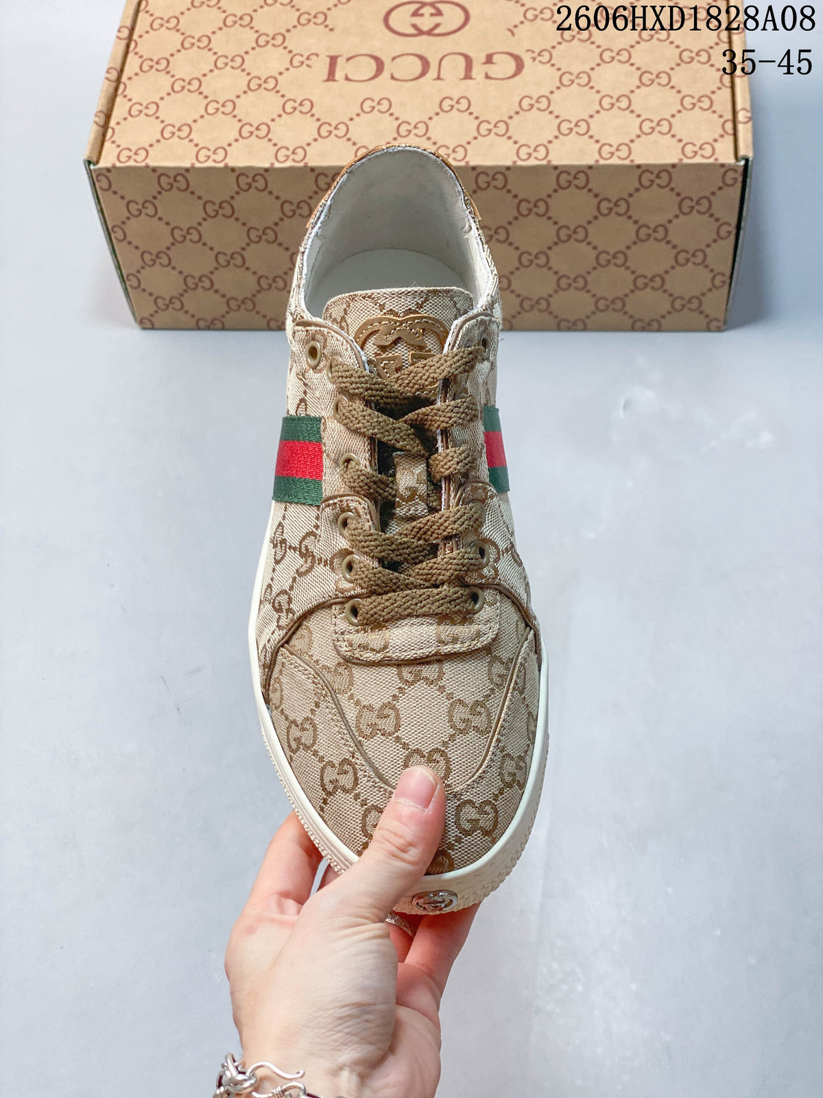 Gucci GG Canvas Low-Top Sneakers with Green-Red Stripe