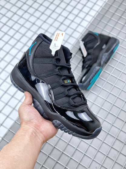 Three-quarter view of the black sneaker showing glossy toe and side panels with blue ankle branding.