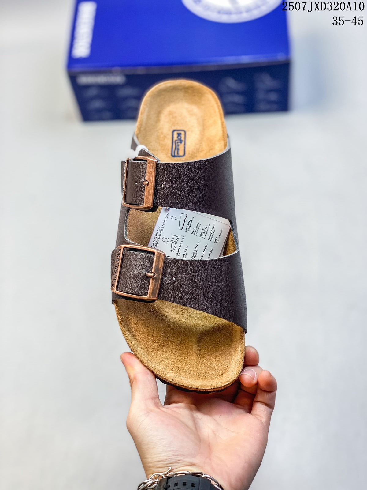Birkenstock Two-Strap Slide Sandals in Dark Brown