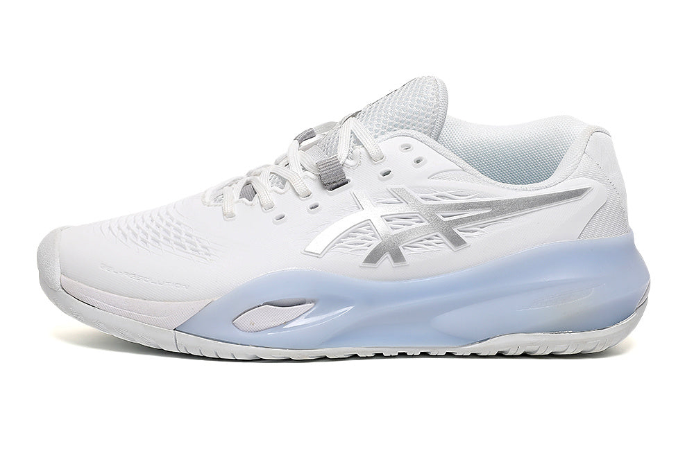 ASICS White and Silver Court Sneakers with Pale Blue Midsole