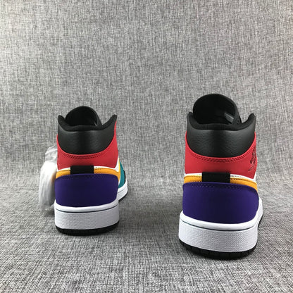 Rear view of the pair showing red collars, purple heel panels and white midsoles.