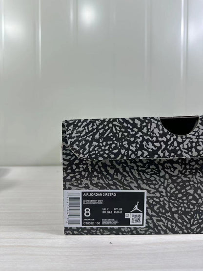 Shoebox label reading AIR JORDAN 3 RETRO, WHITE/CEMENT GREY, style CT8532 106, with a photographed EU 41 sample size.