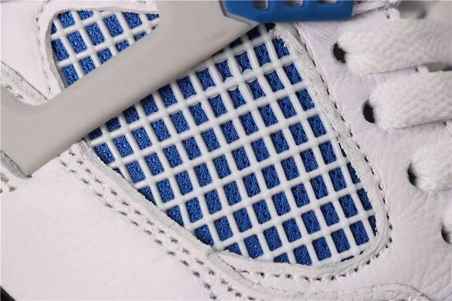 Close-up of the blue fabric and white grid side-panel mesh.