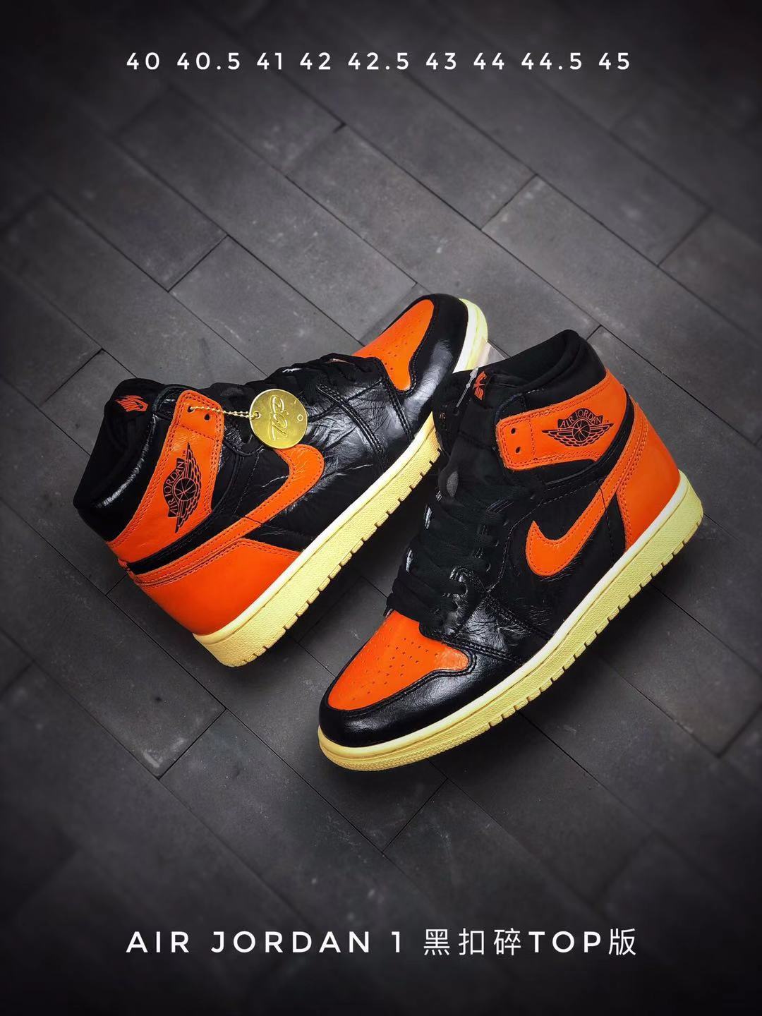 Pair of black and orange high-top sneakers with the listed sizes 40, 40.5, 41, 42, 42.5, 43, 44, 44.5, and 45 shown above.