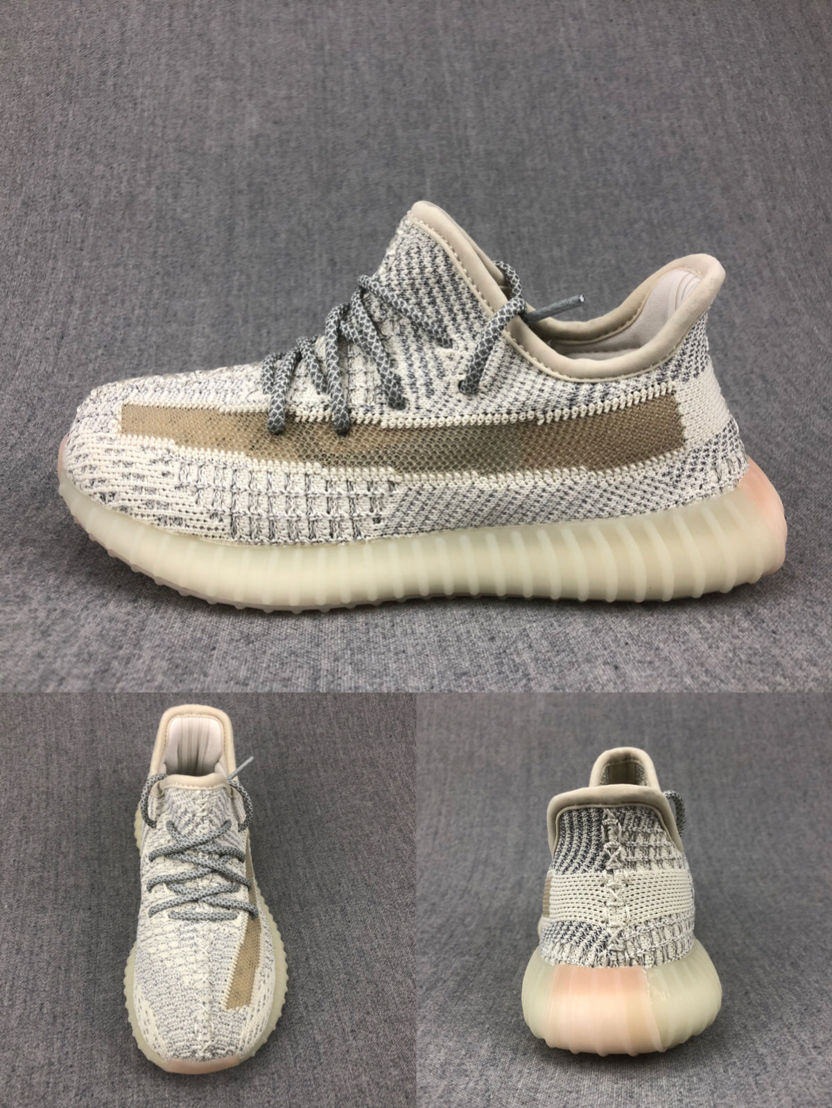 Side, top, and rear views of a cream-white and gray knitted kids sneaker with a contrasting side stripe.