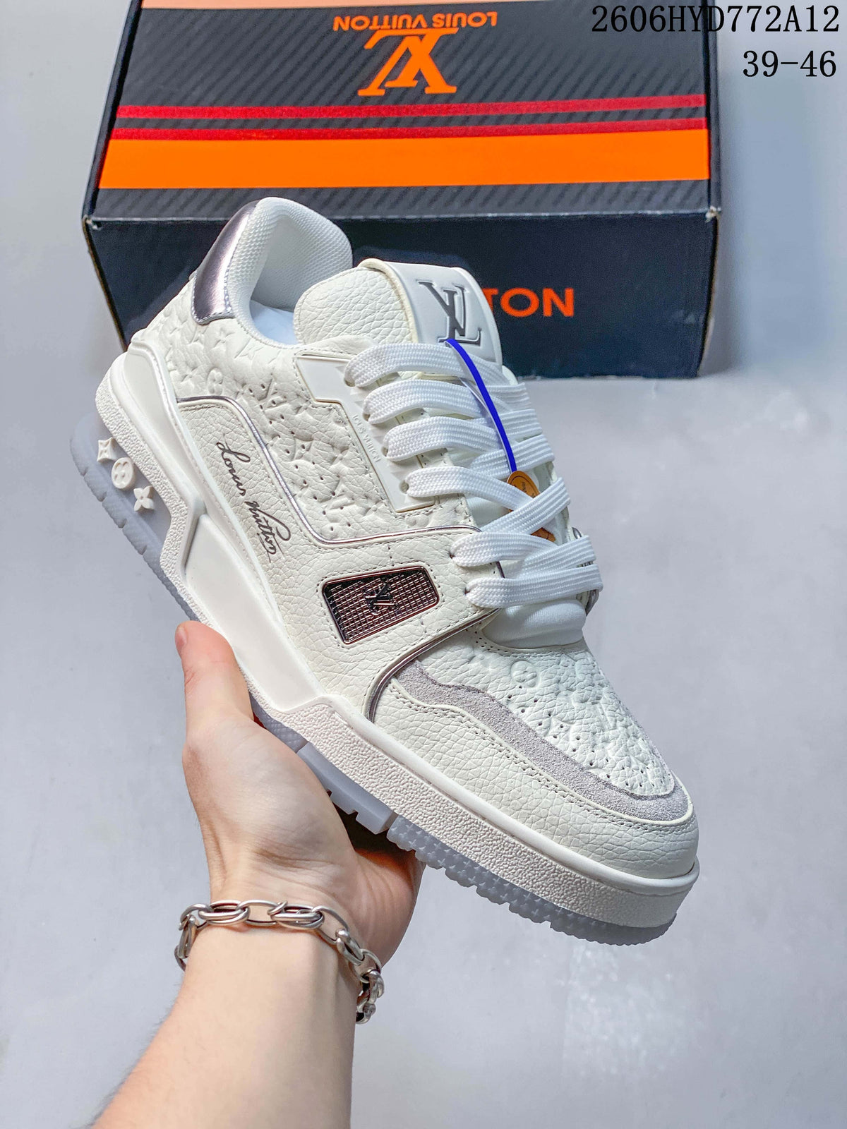 Louis Vuitton White Low-Top Sneakers with Silver Accents