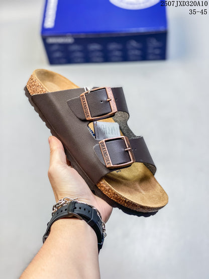 Birkenstock Two-Strap Slide Sandals in Dark Brown