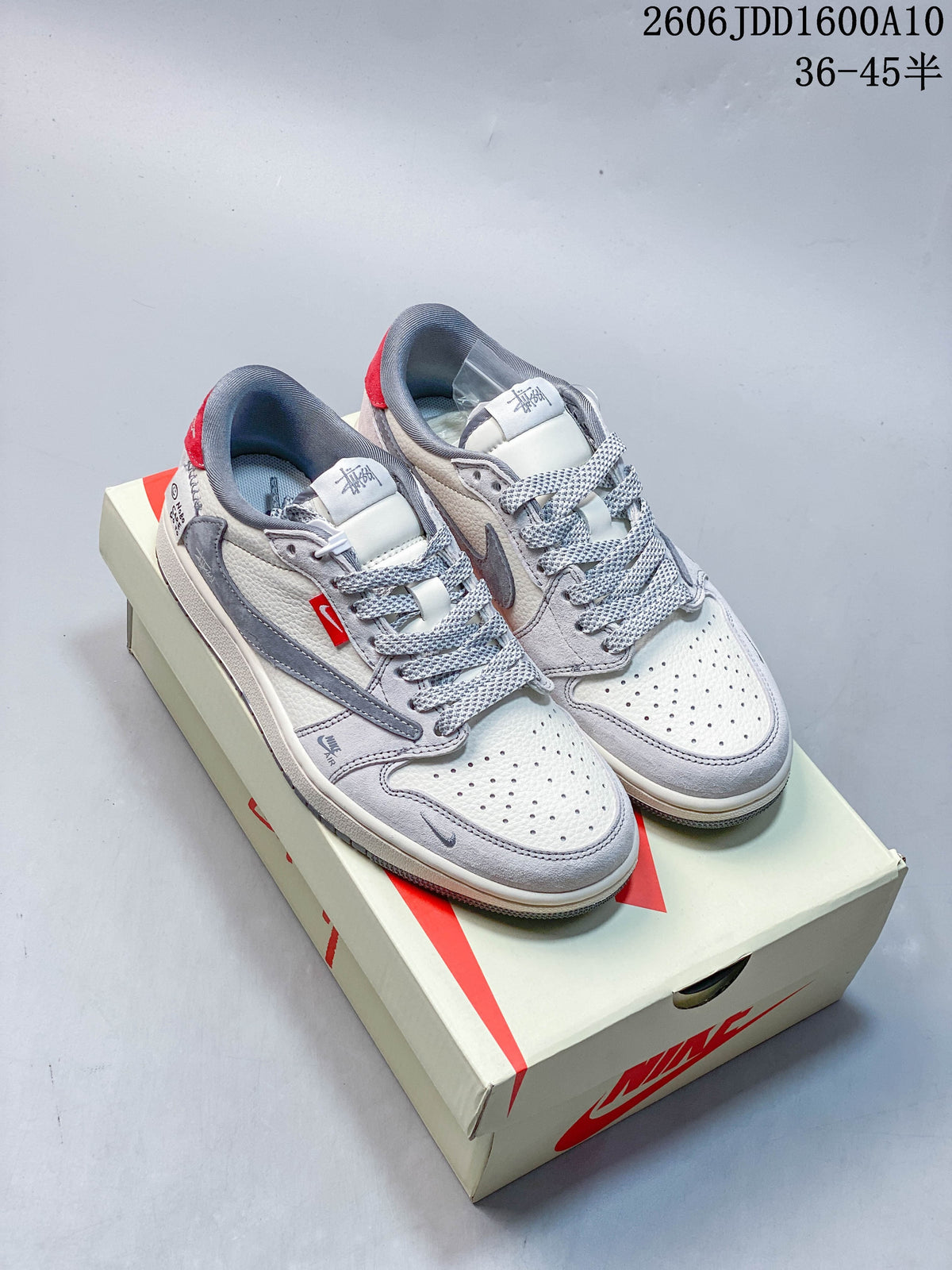 Jordan 1 Low Travis Scott x Stüssy-Style Sneakers Grey Red