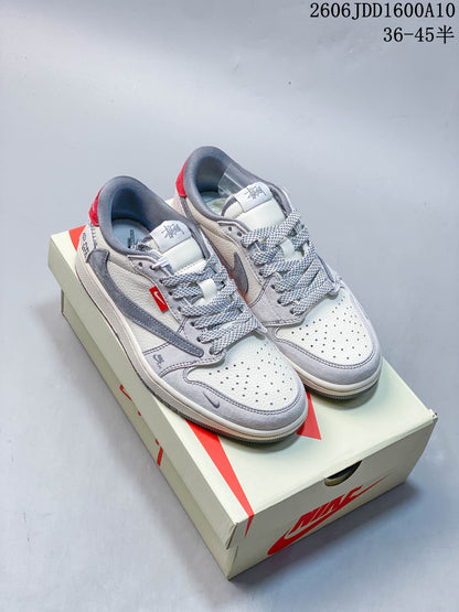 Jordan 1 Low Travis Scott x Stüssy-Style Sneakers Grey Red