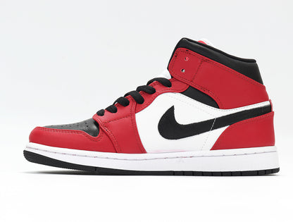 Side profile showing the red, black, and white upper, side emblem, white midsole, and black outsole
