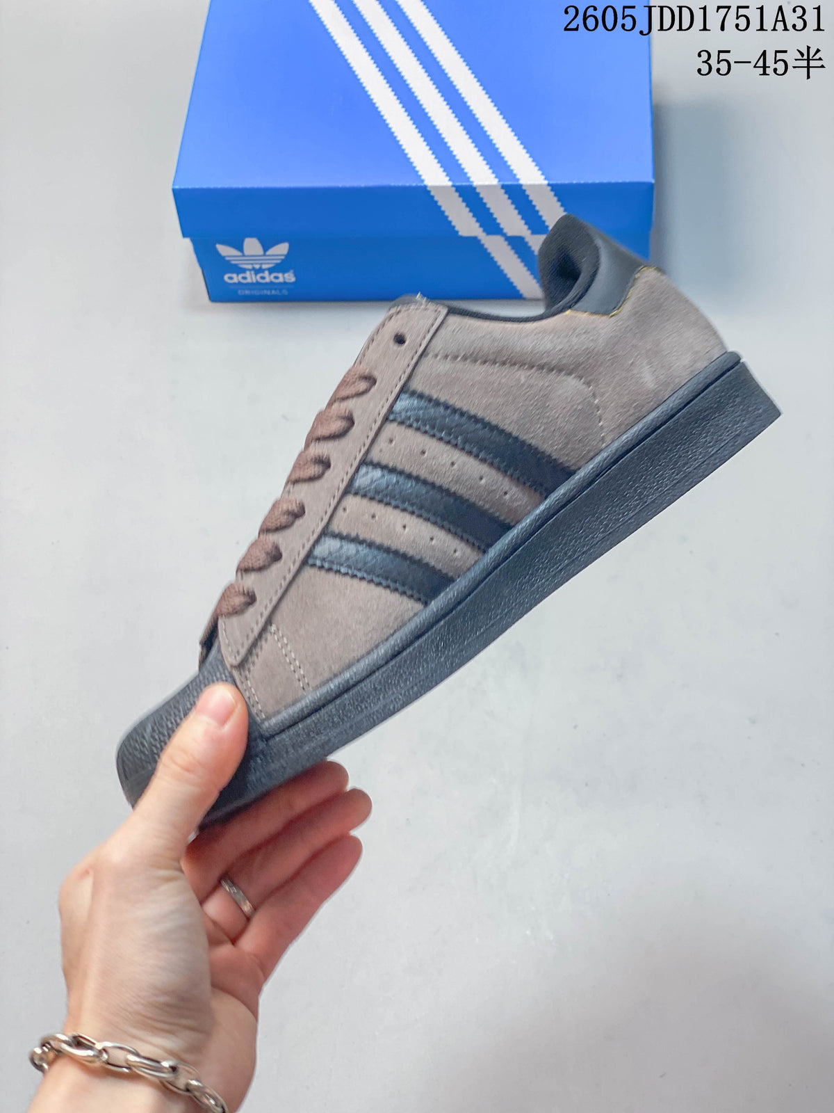 Adidas Superstar Shell-Toe Sneakers in Taupe and Charcoal