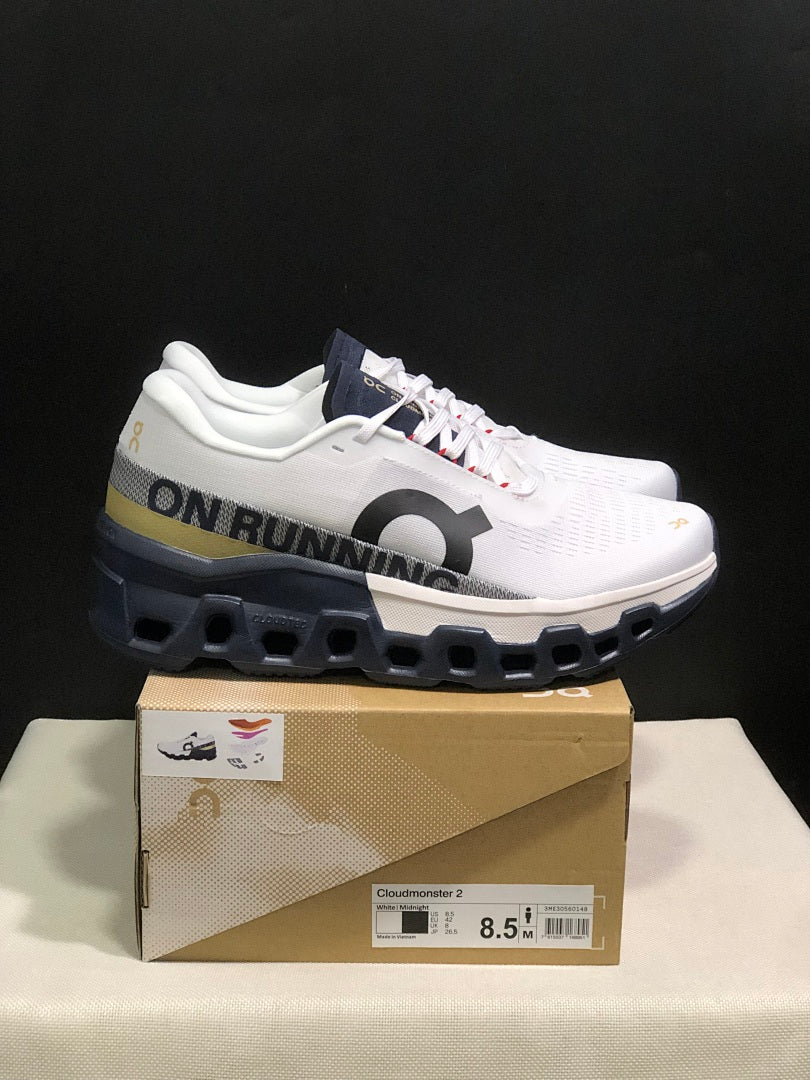 On Cloudmonster 2 Running Shoes, White and Midnight