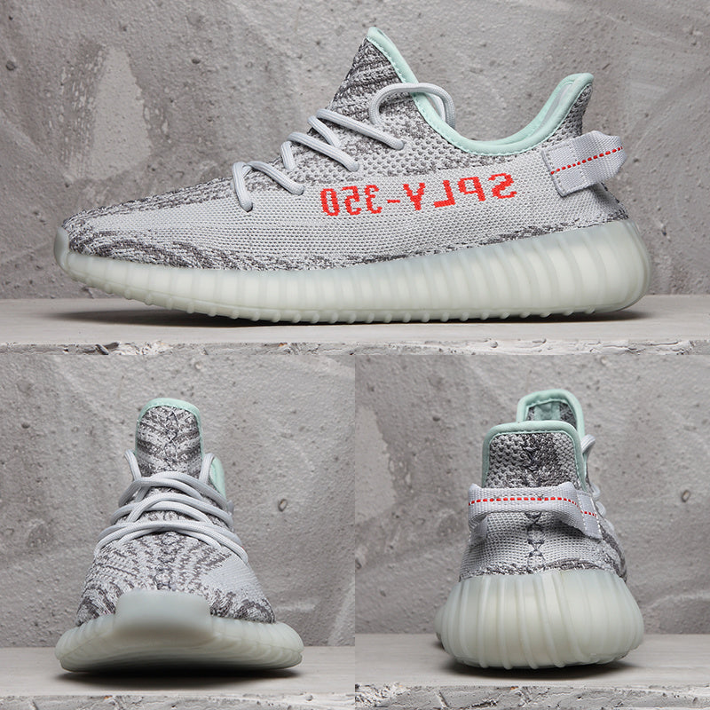 Composite product image showing side, front, and rear views of the gray and white sneaker.