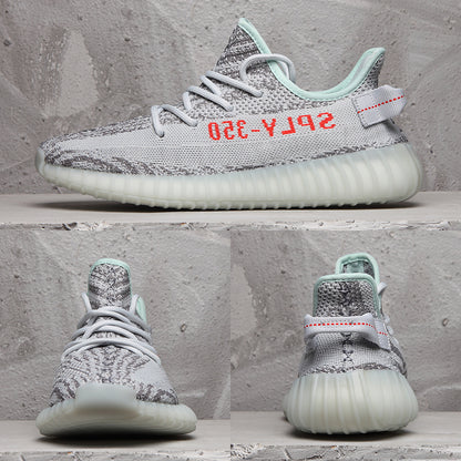 Composite product image showing side, front, and rear views of the gray and white sneaker.
