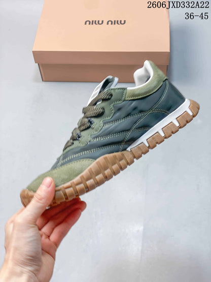 Miu Miu Tyre Low-Top Lace-Up Sneakers in Green and Gray
